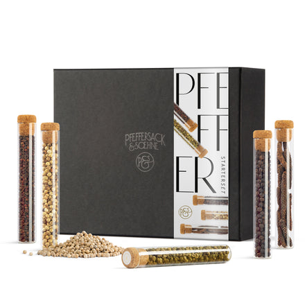 Starter Set Pfeffer im Shop – Geschenkbox mit fünf edlen Pfeffersorten für Feinschmecker.