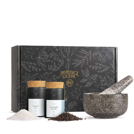 Geschenkset "Pfeffer, Salz & Mörser" im Geschenkkarton von Pfeffersack & Soehne